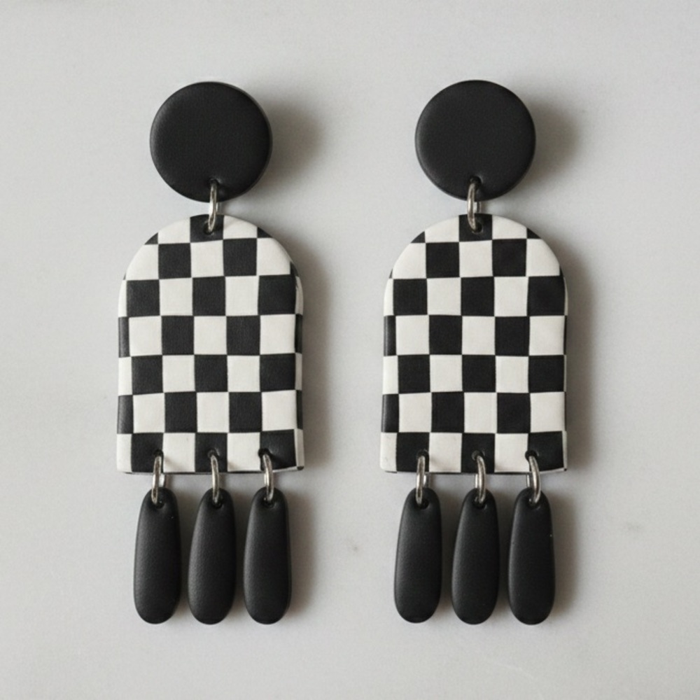 Checkered Arched Dangles - Handmade Earrings - Monochrome